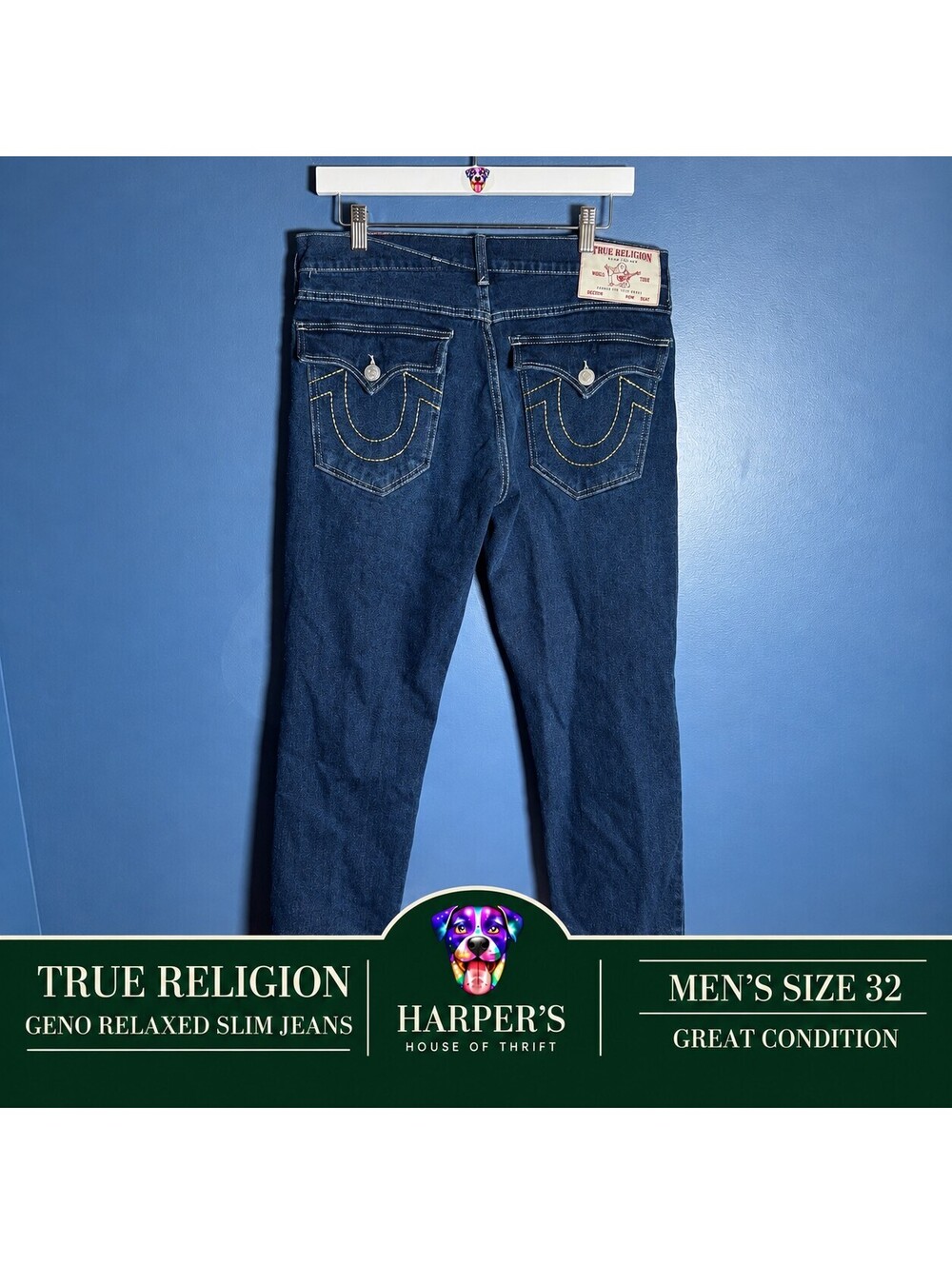 True Religion Geno Relaxed Slim Men's Jeans Dark Wash Stretch Denim Size 32 x 32